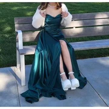 Miao Duo Emerald Green Mermaid Prom Dresses Long for Women Off Shoulder Ball Gowns Satin Formal Dresses with Slit Emerald Green 4