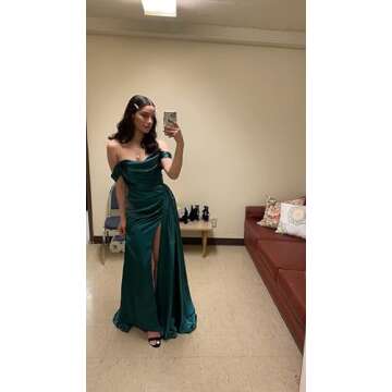 Miao Duo Emerald Green Mermaid Prom Dresses Long for Women Off Shoulder Ball Gowns Satin Formal Dresses with Slit Emerald Green 4