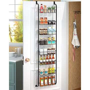 TIMEBAL 8 Tier Over The Door Pantry Organizer and Storage Rack with 8 Full Baskets, Metal Hanging & Wall Mounted Kitchen Storage Spice Rack, Bathroom Over Door Organizer-Black