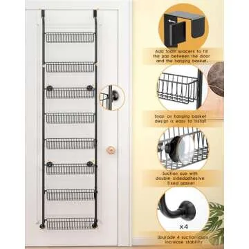 TIMEBAL 8 Tier Over The Door Pantry Organizer and Storage Rack with 8 Full Baskets, Metal Hanging & Wall Mounted Kitchen Storage Spice Rack, Bathroom Over Door Organizer-Black