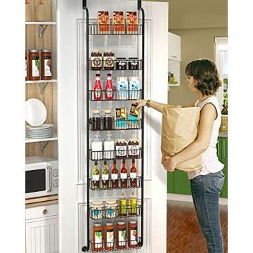 TIMEBAL 8 Tier Over The Door Pantry Organizer and Storage Rack with 8 Full Baskets, Metal Hanging & Wall Mounted Kitchen Storage Spice Rack, Bathroom Over Door Organizer-Black
