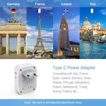 European Travel Plug Adapter USB C, TESSAN International Plug Adapter with 4 AC Outlets and 3 USB Po...