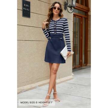 MEROKEETY Women's Long Sleeve Striped Sweater Dress Button Crewneck Fall Bodycon Formal Mini Dresses...