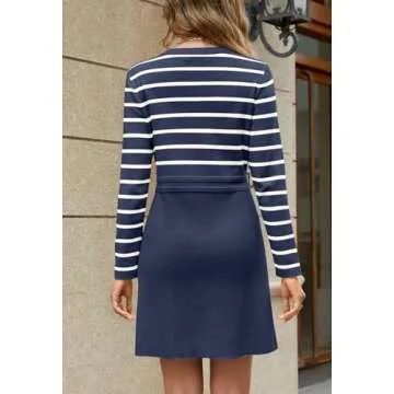 MEROKEETY Women's Long Sleeve Striped Sweater Dress Button Crewneck Fall Bodycon Formal Mini Dresses, Navy, Large