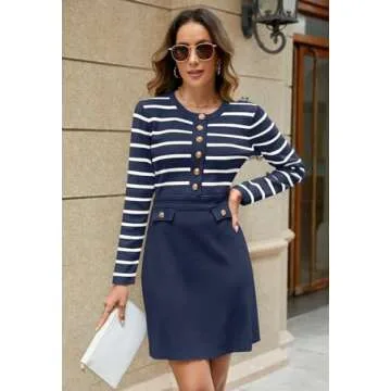 MEROKEETY Women's Long Sleeve Striped Sweater Dress Button Crewneck Fall Bodycon Formal Mini Dresses, Navy, Large