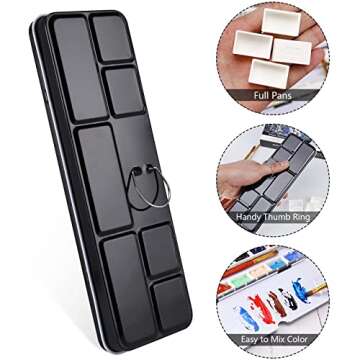 LOONENG Empty Watercolor Palette, Metal Watercolor Tin with Fold-Out Palette, Medium Watercolor Tray Palette with 14 Empty Watercolor Full Pans for Plein Air Painting, Acrylic and Oil Painting