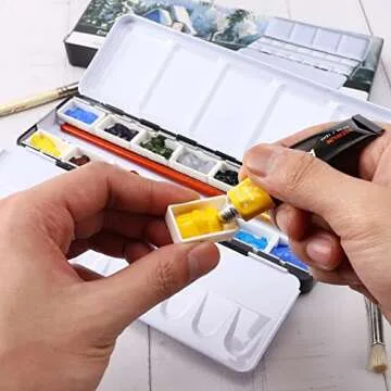 LOONENG Empty Watercolor Palette, Metal Watercolor Tin with Fold-Out Palette, Medium Watercolor Tray Palette with 14 Empty Watercolor Full Pans for Plein Air Painting, Acrylic and Oil Painting