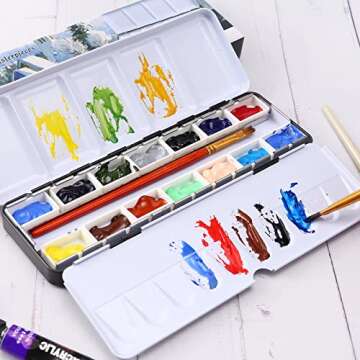 LOONENG Empty Watercolor Palette, Metal Watercolor Tin with Fold-Out Palette, Medium Watercolor Tray Palette with 14 Empty Watercolor Full Pans for Plein Air Painting, Acrylic and Oil Painting