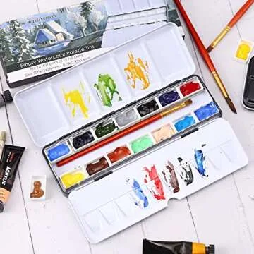 LOONENG Empty Watercolor Palette, Metal Watercolor Tin with Fold-Out Palette, Medium Watercolor Tray Palette with 14 Empty Watercolor Full Pans for Plein Air Painting, Acrylic and Oil Painting