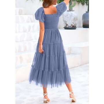 PRETTYGARDEN Women's Smocked Midi Tulle Dress 2025 Summer Puffy Short Sleeve Square Neck Ruffle Wedd...