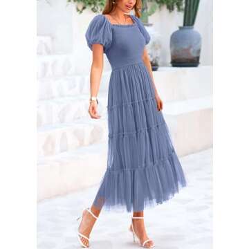 PRETTYGARDEN Women's Smocked Midi Tulle Dress 2025 Summer Puffy Short Sleeve Square Neck Ruffle Wedding Guest Party Dresses (Grey Blue,Medium)