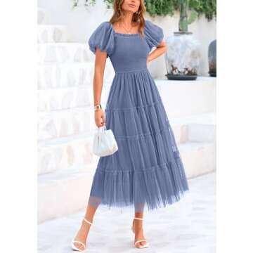 PRETTYGARDEN Women's Smocked Midi Tulle Dress 2025 Summer Puffy Short Sleeve Square Neck Ruffle Wedding Guest Party Dresses (Grey Blue,Medium)