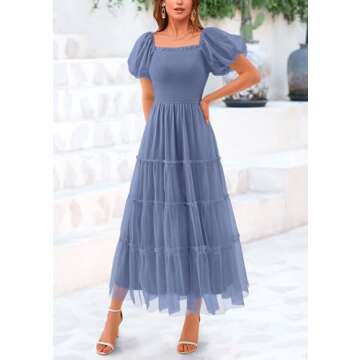 PRETTYGARDEN Women's Smocked Midi Tulle Dress 2025 Summer Puffy Short Sleeve Square Neck Ruffle Wedding Guest Party Dresses (Grey Blue,Medium)