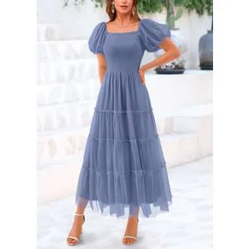 PRETTYGARDEN Women's Smocked Midi Tulle Dress 2025 Summer Puffy Short Sleeve Square Neck Ruffle Wedding Guest Party Dresses (Grey Blue,Medium)