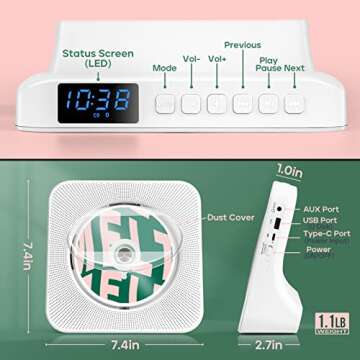 Kogoda Desktop CD Player Portable with Bluetooth,Dual Stereo Speakers, CD Music Player for Home with Remote Control,Dust Cover,FM Radio,LED Screen,3.5mm Jack AUX Input Output,White,Gift