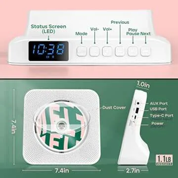 Kogoda Desktop CD Player Portable with Bluetooth,Dual Stereo Speakers, CD Music Player for Home with Remote Control,Dust Cover,FM Radio,LED Screen,3.5mm Jack AUX Input Output,White,Gift