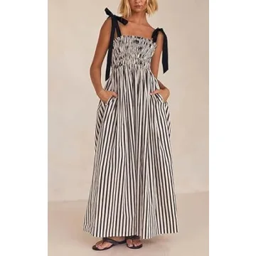 RICHTRUE Boho Striped Dresses 2024 Summer Spaghetti Strap Morana Maxi Dress Cami Dress Long Flowy Dress Y2k Women Sun Dress (Black Bow Tie Vertical,M,Medium)