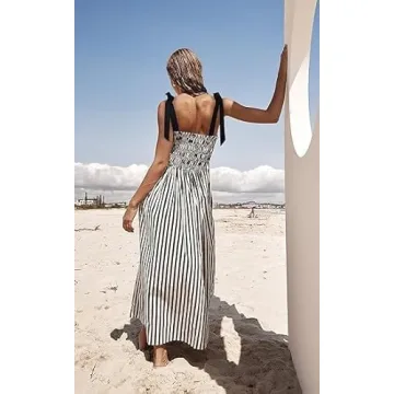 RICHTRUE Boho Striped Dresses 2024 Summer Spaghetti Strap Morana Maxi Dress Cami Dress Long Flowy Dress Y2k Women Sun Dress (Black Bow Tie Vertical,M,Medium)