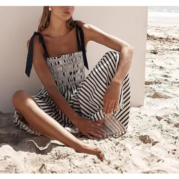 RICHTRUE Boho Striped Dresses 2024 Summer Spaghetti Strap Morana Maxi Dress Cami Dress Long Flowy Dress Y2k Women Sun Dress (Black Bow Tie Vertical,M,Medium)