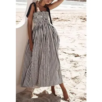 RICHTRUE Boho Striped Dresses 2024 Summer Spaghetti Strap Morana Maxi Dress Cami Dress Long Flowy Dress Y2k Women Sun Dress (Black Bow Tie Vertical,M,Medium)