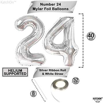 KatchOn, Huge Silver 24 Balloon Numbers - 40 Inch | Silver 24 Balloons, 24 Birthday Decor For Women | 24 Number Balloons, 24 Silver Balloons Birthdays | 24th Birthday Decorations For Women Silver