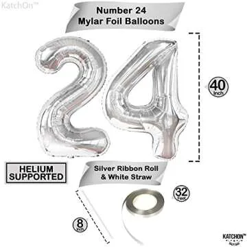 KatchOn, Huge Silver 24 Balloon Numbers - 40 Inch | Silver 24 Balloons, 24 Birthday Decor For Women | 24 Number Balloons, 24 Silver Balloons Birthdays | 24th Birthday Decorations For Women Silver
