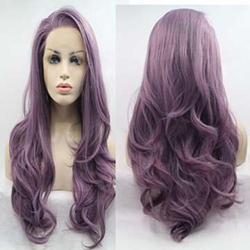 ELESTY Long Wavy Synthetic Lace Front Wig Glueless Purple High Temperature Heat Resistant Fiber Hair...