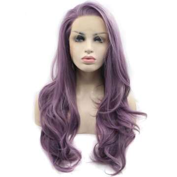 ELESTY Long Wavy Synthetic Lace Front Wig Glueless Purple High Temperature Heat Resistant Fiber Hair Wigs For Women