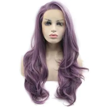 ELESTY Long Wavy Synthetic Lace Front Wig Glueless Purple High Temperature Heat Resistant Fiber Hair Wigs For Women