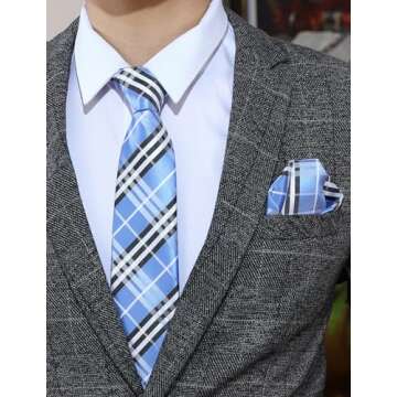 PenSee Men's Light Blue Tie Set Stripe Plaid Ties for Men and Pocket Square Formal 3.15"(8CM) Neckti...