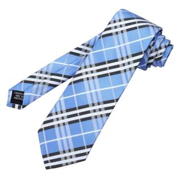 PenSee Men's Light Blue Tie Set Stripe Plaid Ties for Men and Pocket Square Formal 3.15"(8CM) Necktie Wedding Business