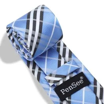 PenSee Men's Light Blue Tie Set Stripe Plaid Ties for Men and Pocket Square Formal 3.15"(8CM) Necktie Wedding Business