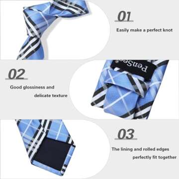 PenSee Men's Light Blue Tie Set Stripe Plaid Ties for Men and Pocket Square Formal 3.15"(8CM) Necktie Wedding Business