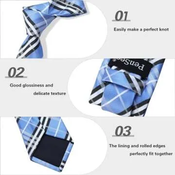 PenSee Men's Light Blue Tie Set Stripe Plaid Ties for Men and Pocket Square Formal 3.15"(8CM) Necktie Wedding Business