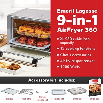 Emeril Lagasse Everyday 360 Stainless Steel Air Fryer, 360° Quick Cook Technology, XL capacity, 9-in-1, 12 Pre-Set Cooking Functions including Bake, Rotisserie, Broil, Pizza, Slow Cook, Toaster