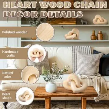Colingmill Valentine's Day Wooden Heart Decor Boho Linked Hearts Decor Couple Gifts Interlocking Wooden Hearts Shelf Decor Aesthetic Farmhouse Decor Natural Wood Knot Chain Link Decor(Wood Grain)