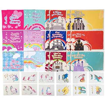 Set of 24 Valentines Cards for Kids Classroom - Valentine's Day Unicorn & Dragon Temporary Tattoos f...