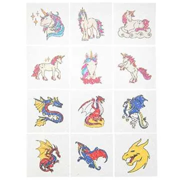 Set of 24 Valentines Cards for Kids Classroom - Valentine's Day Unicorn & Dragon Temporary Tattoos for Kids School - Each Valentines Gift Includes a Tattoo & Card for Boys Girls Classroom Exchange