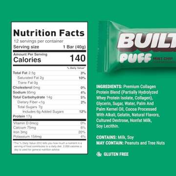 Built Bar, Puff Protein Bars, Mint Chip Puff, 17g Protein Snacks, On-The-Go Bars, Only 140 Calories, 6g Sugar, Collagen, Gluten Free, 12 Count