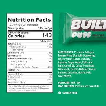 Built Bar, Puff Protein Bars, Mint Chip Puff, 17g Protein Snacks, On-The-Go Bars, Only 140 Calories, 6g Sugar, Collagen, Gluten Free, 12 Count