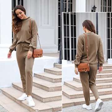 Fixmatti Women's Two Piece Sweatsuit Set Long Sleeve Pullover Sweatshirt Jogger Pant Tracksuit Coffee XL