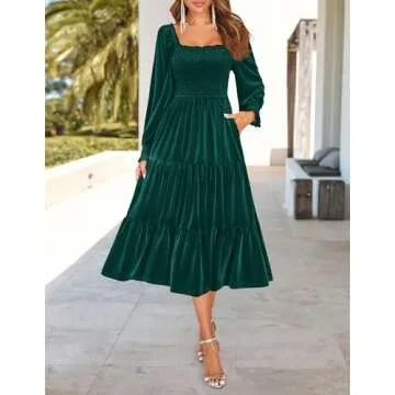 ZESICA Women’s Velvet Long Sleeve Dresses 2025 Spring Square Neck Smocked Ruffle A Line Flowy Midi Dress with Pockets,DarkGreen,Small