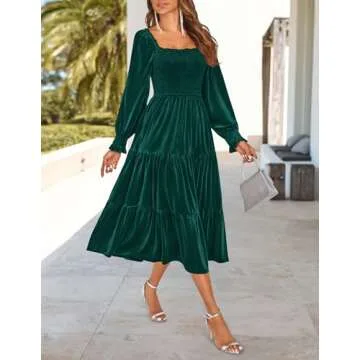 ZESICA Women’s Velvet Long Sleeve Dresses 2025 Spring Square Neck Smocked Ruffle A Line Flowy Midi Dress with Pockets,DarkGreen,Small