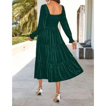 ZESICA Women’s Velvet Long Sleeve Dresses 2025 Spring Square Neck Smocked Ruffle A Line Flowy Midi Dress with Pockets,DarkGreen,Small