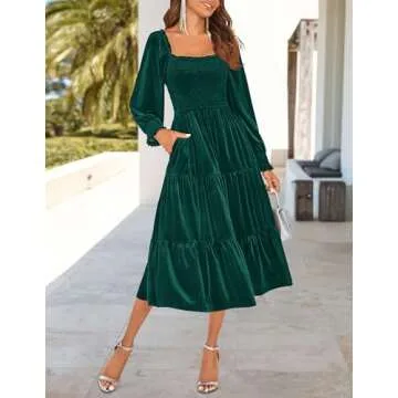 ZESICA Women’s Velvet Long Sleeve Dresses 2025 Spring Square Neck Smocked Ruffle A Line Flowy Midi Dress with Pockets,DarkGreen,Small