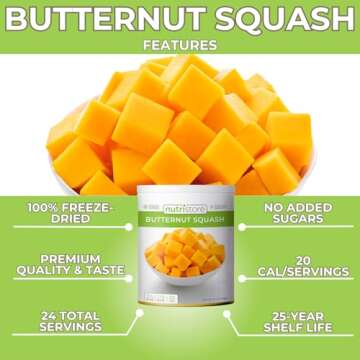 Nutristore Freeze Dried Butternut Squash | Vegetables for Healthy Snack or Long Term Storage | Emergency Survival Canned Food Supply | Bulk #10 Can Veggies | 25 Year Shelf Life | 24 Servings