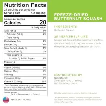 Nutristore Freeze Dried Butternut Squash | Vegetables for Healthy Snack or Long Term Storage | Emergency Survival Canned Food Supply | Bulk #10 Can Veggies | 25 Year Shelf Life | 24 Servings