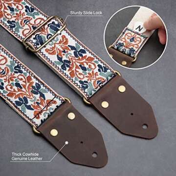 Nefelibata Guitar Strap - Jacquard Embroidery Cotton with Crazy Horse Leather Ends for All Guitars