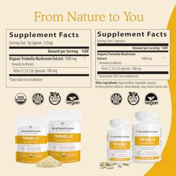 Real Mushrooms Tremella Mushroom Extract 120 ct Blend for Immune Support, Brain, and Skin - Vegan, N...