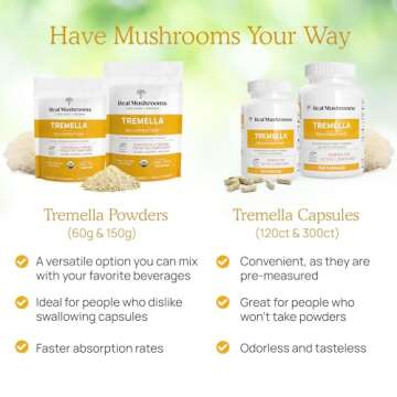 Real Mushrooms Tremella Mushroom Extract 120 ct Blend for Immune Support, Brain, and Skin - Vegan, Non-GMO, Organic Supplements Humans Support Supplement